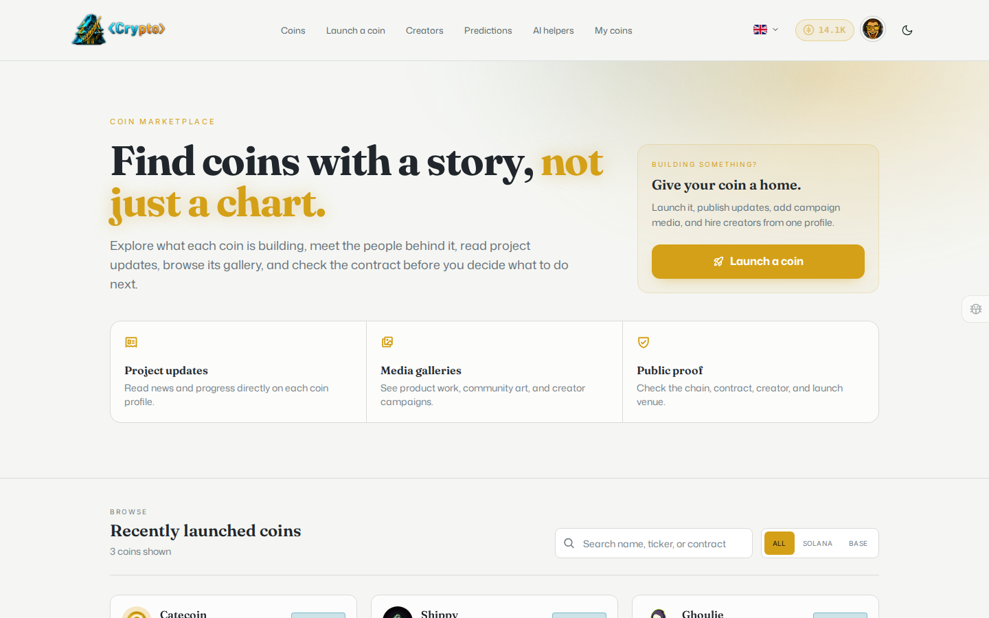Every coin launched on the platform, searchable by chain.
