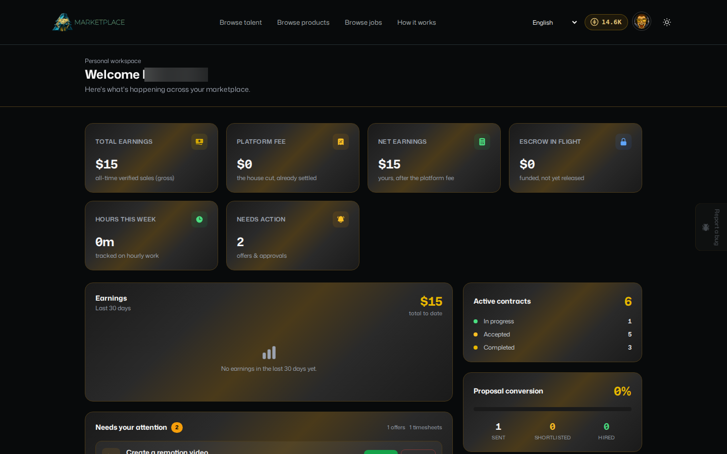 Earnings, active contracts and job matches in one dashboard.