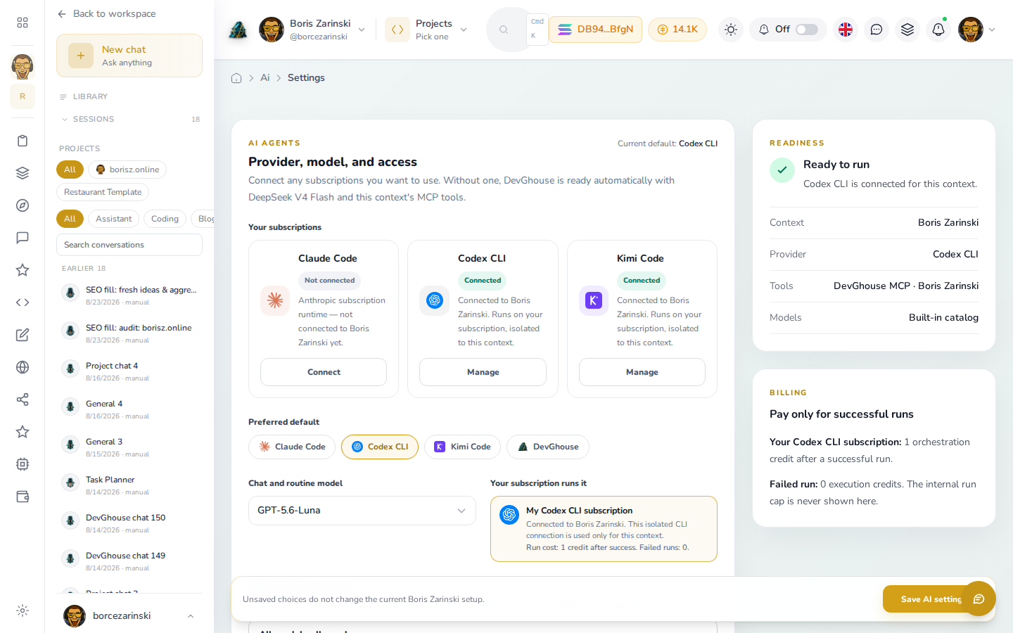 AI settings: connected providers and runtime choices.